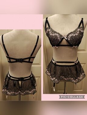 Dreamgirl Floral Embroidery Set Bra & Matching Garter Skirt.